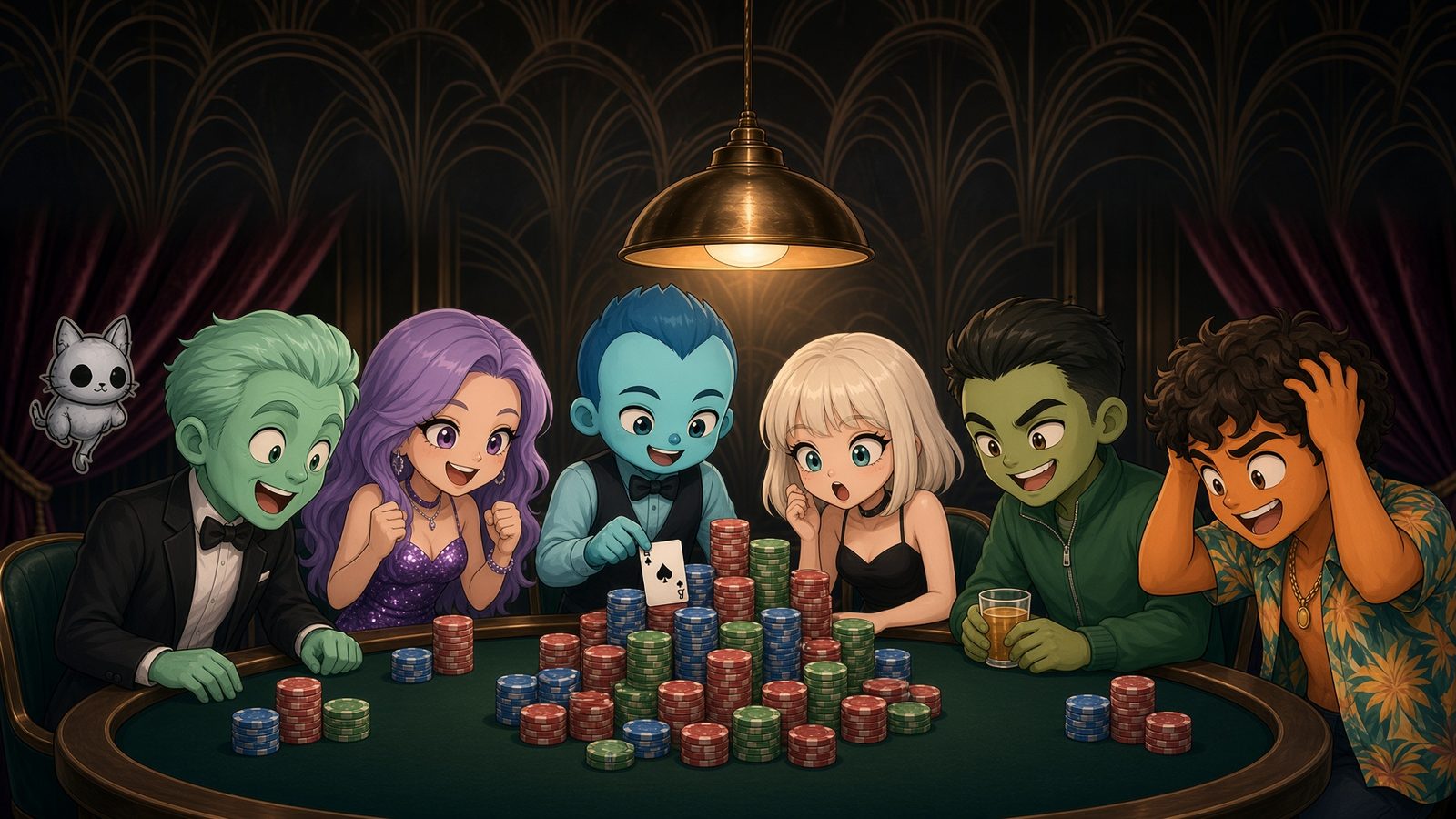 Concept art: six cartoon players lean over a huge pile of chips on a green felt table under a brass pendant lamp as a winning hand is turned.
