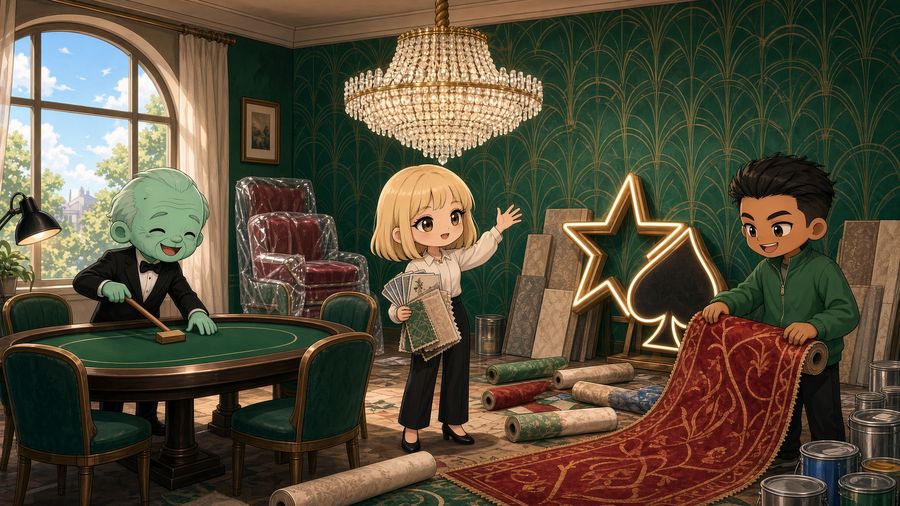 Concept art: a player decorating their own casino room, a chandelier going up and swatches in hand.