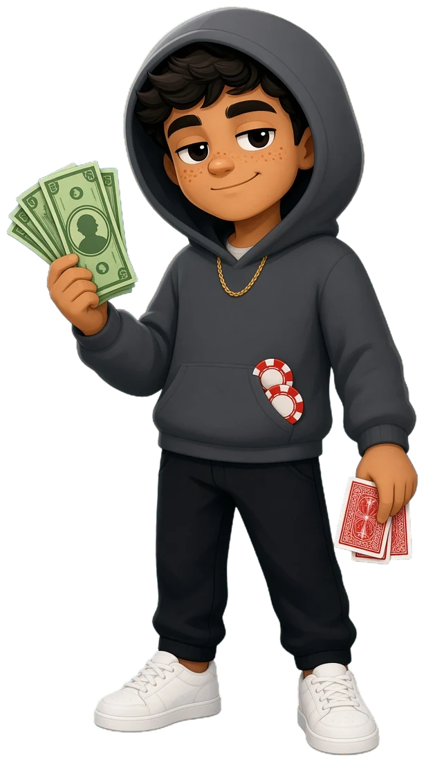 Concept art: a man in a charcoal hoodie holding a fanned stack of green banknotes and two red-backed cards.