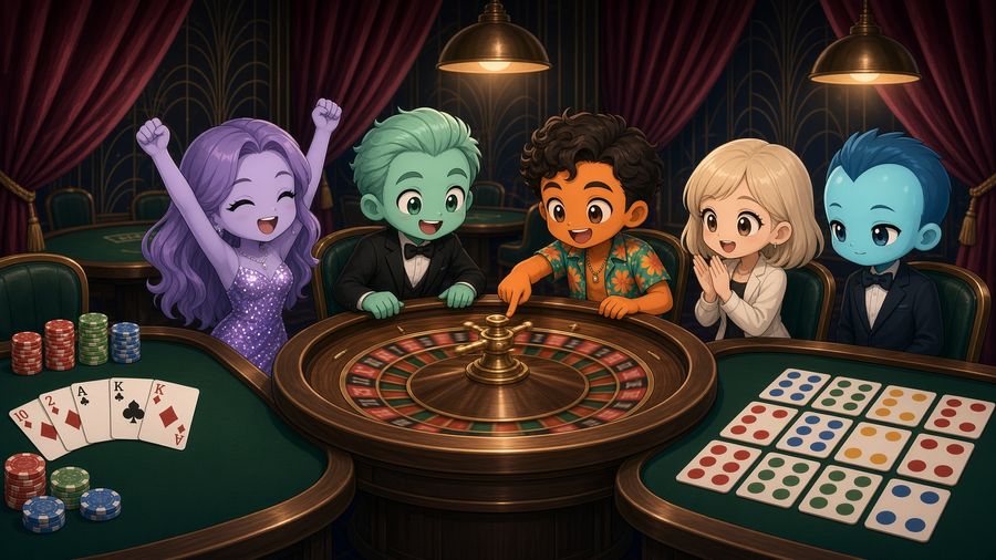 Concept art: a roulette wheel mid-spin at a crowded table, poker and bingo tables behind.