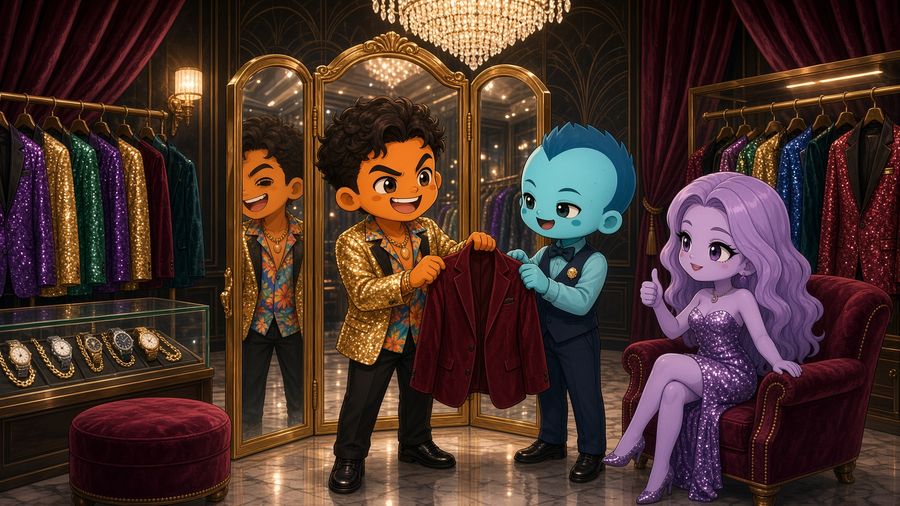Concept art: a player trying on a sequined jacket in a luxury casino boutique, racks and a mirror behind.
