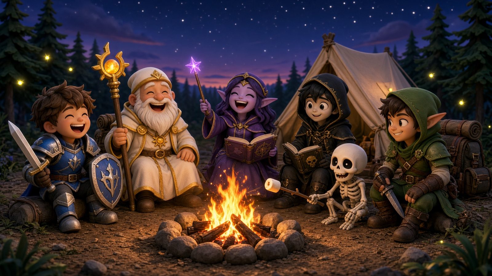 Concept art: the party around a campfire at dusk, a cartoon skeleton pet toasting a marshmallow.