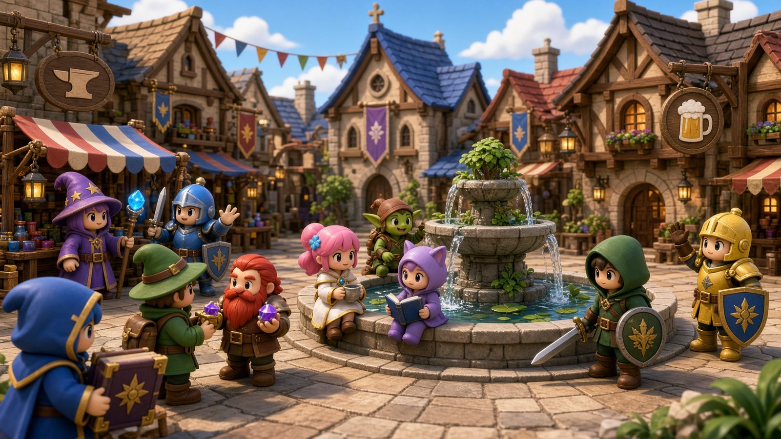 Concept art: a busy fantasy town square around a fountain, full of adventurers chatting and trading.