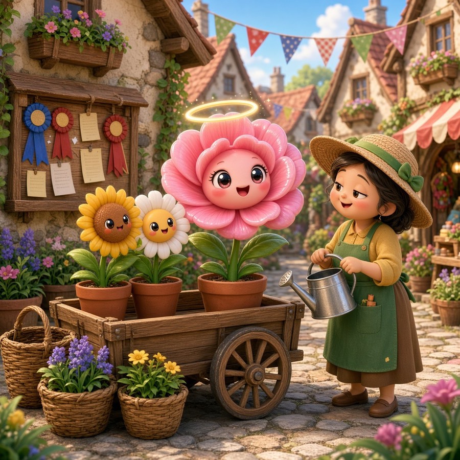 Concept art: Poppy at a village market stall, neighbors and a rival gardener nearby, rosettes on a notice board.